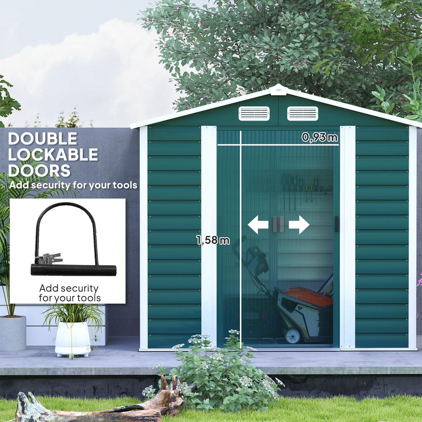 Outsunny Garden Shed 7x4ft, Easy Assembly, Upgraded Galvanised Steel, Double Lockable Doors, Vents & Gloves, Foundation Kit, Green