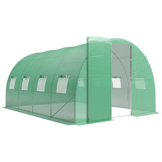 Outsunny 3 x 4 m Walk-in Polytunnel Greenhouse with Hinged Door and 8 Roll Up Mesh Windows, Garden Tunnel Warm House Tent, Green