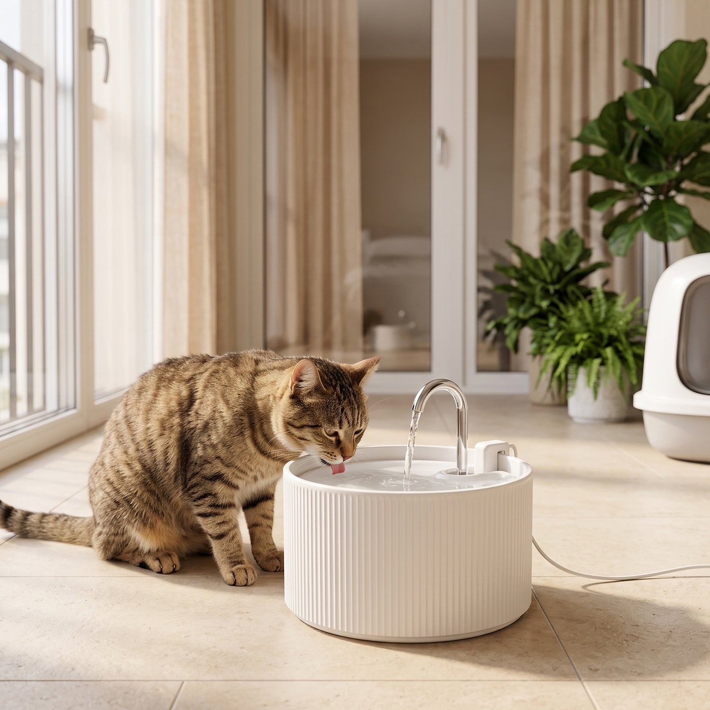 PawHut Ceramic Cat Water Fountain for Drinking, 2.2L Pet Water Fountain with Ultra-Quiet Pump, 4-Layer Filtration, Tap