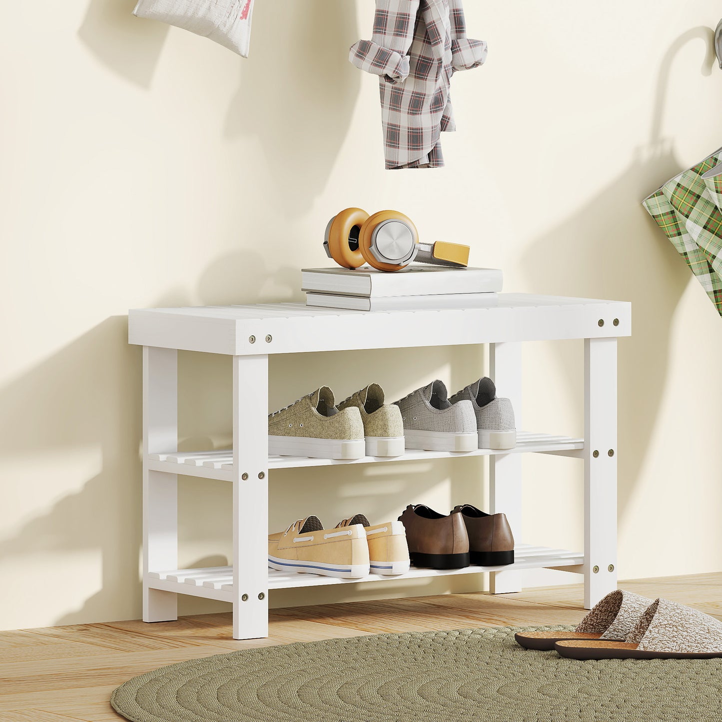 HOMCOM 3-Tier Bamboo Shoe Storage Bench - White