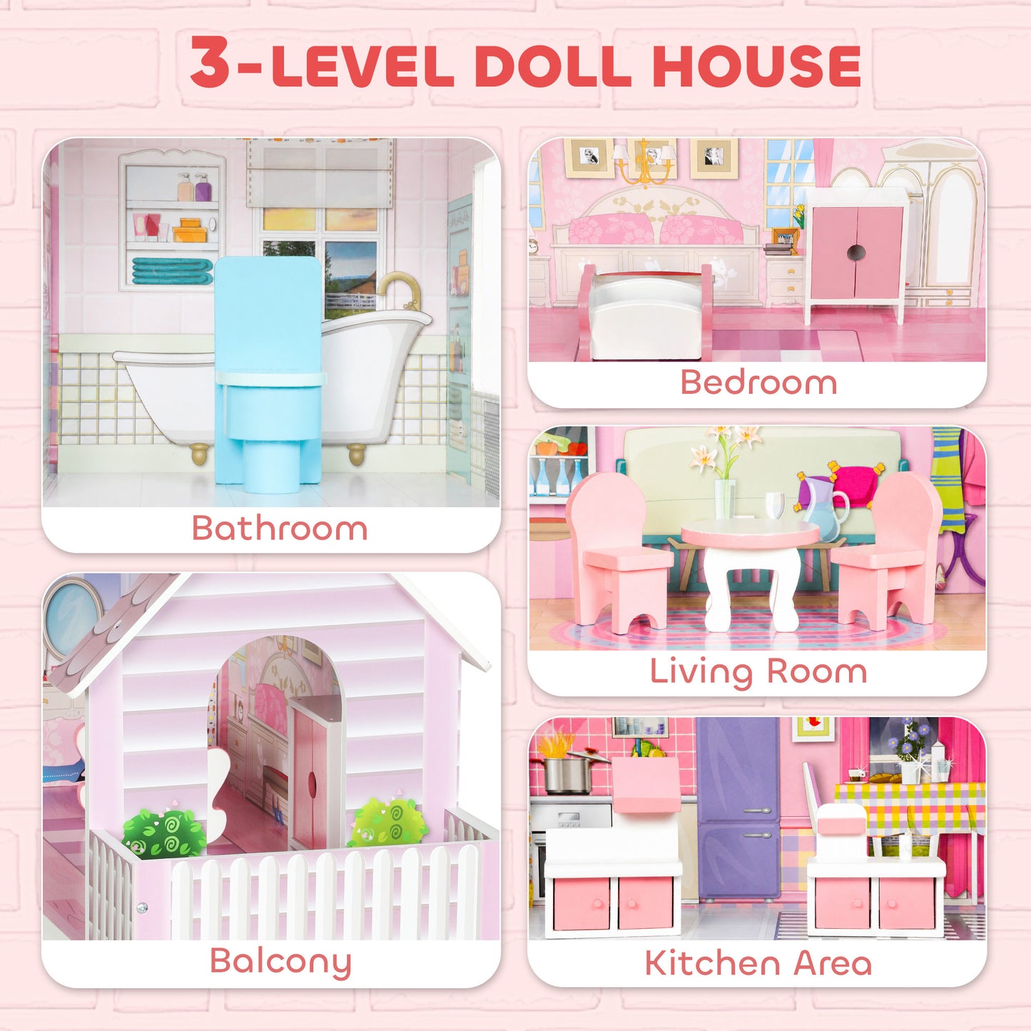 AIYAPLAY Dolls House, 6 Rooms Modern Dollhouse with LED Lights, 8 Furniture Pieces, 3-Level Playhouse Gift for Kids 3-6 Years