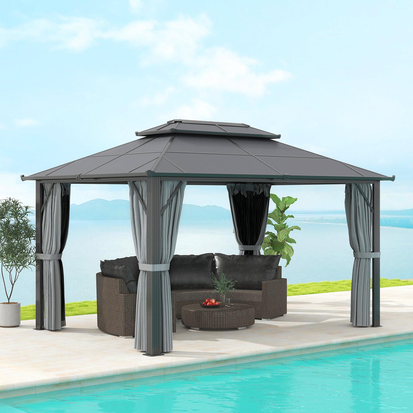 Outsunny 3x4m Hardtop Gazebo, UPF30+ Roof, Aluminium Frame, Mosquito Netting & Curtains, Grey