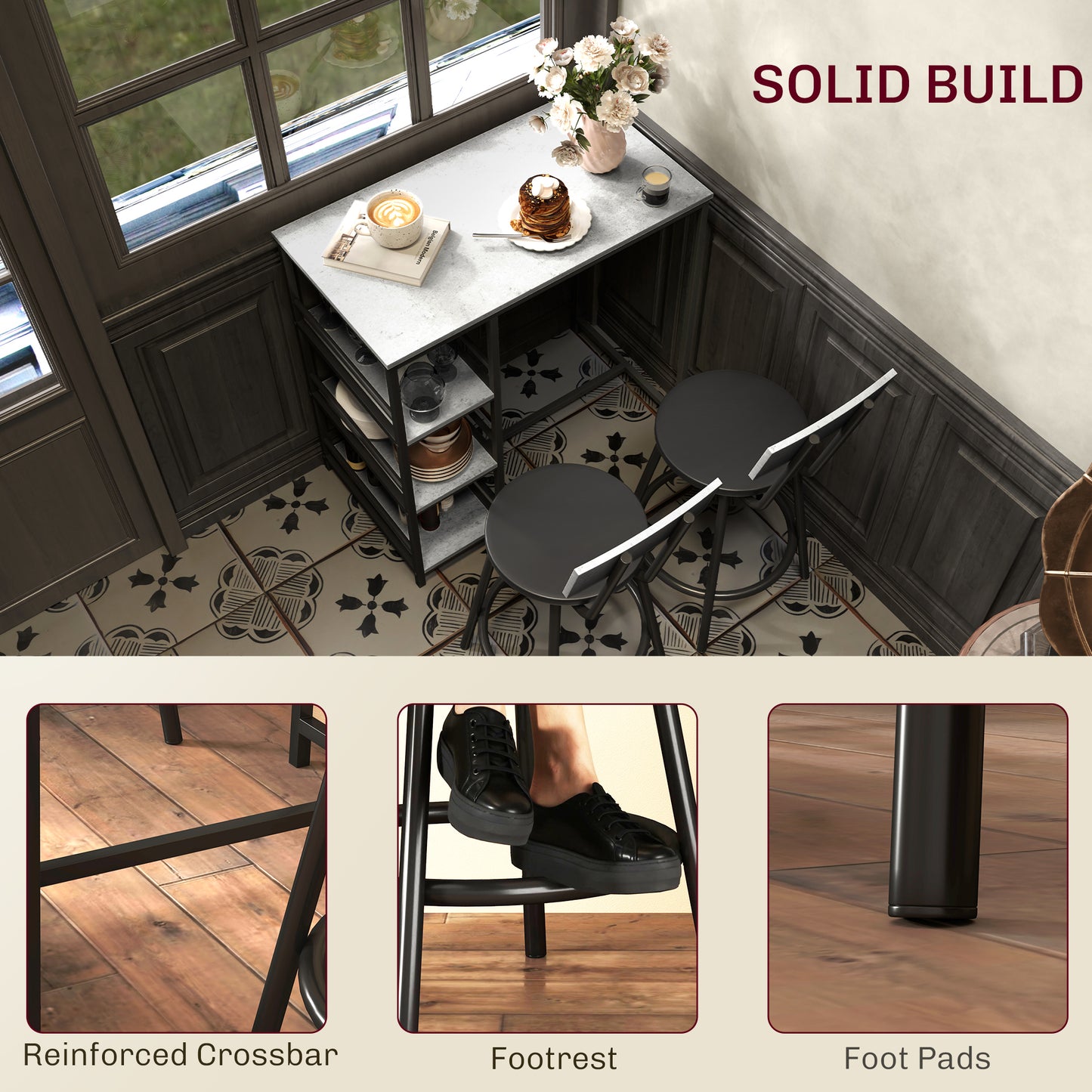 HOMCOM Three-Piece Kitchen Dining Set, with Shelves - Grey/Black