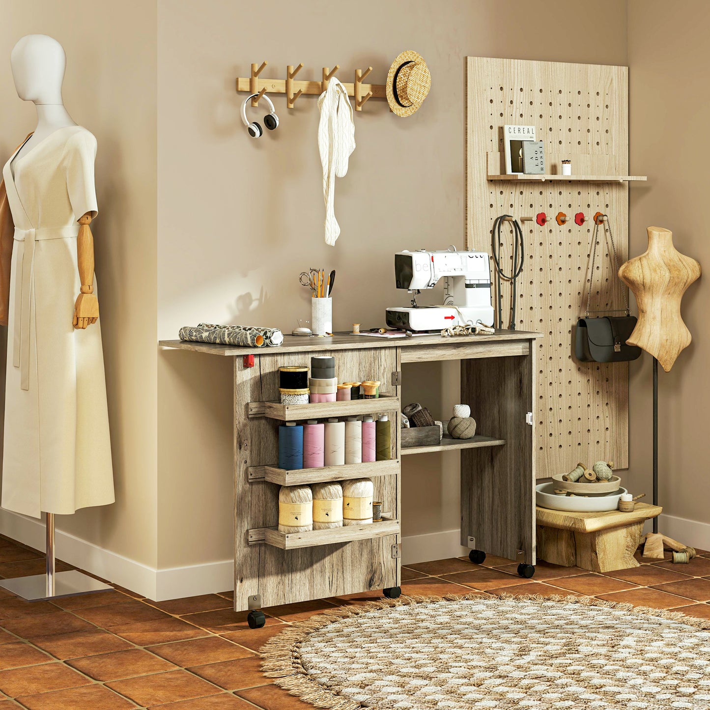 HOMCOM Folding Sewing Table, Drop Leaf Craft Table with Storage, Wheels, Sewing Cabinet Desk, Grey