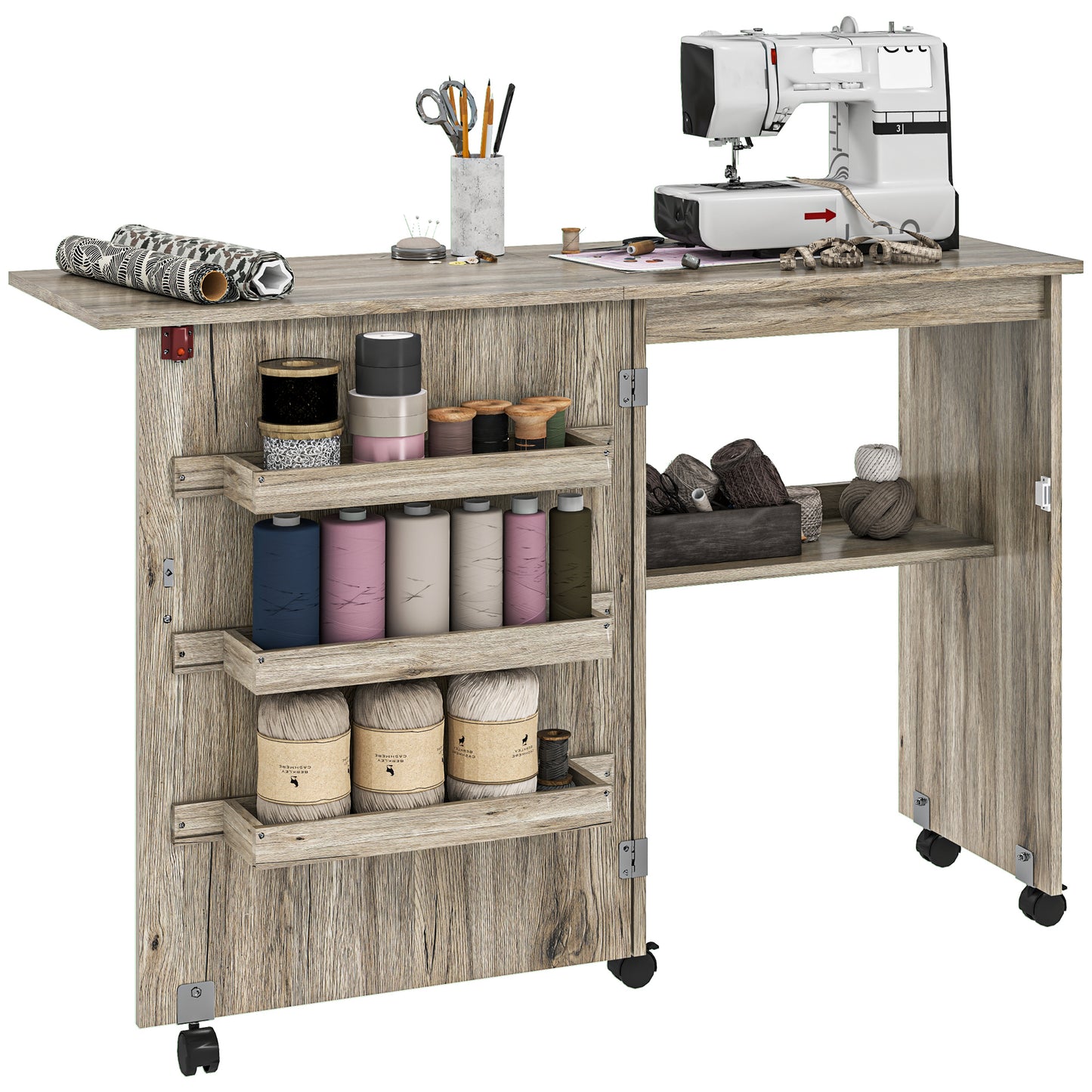 HOMCOM Folding Sewing Table, Drop Leaf Craft Table with Storage, Wheels, Sewing Cabinet Desk, Grey