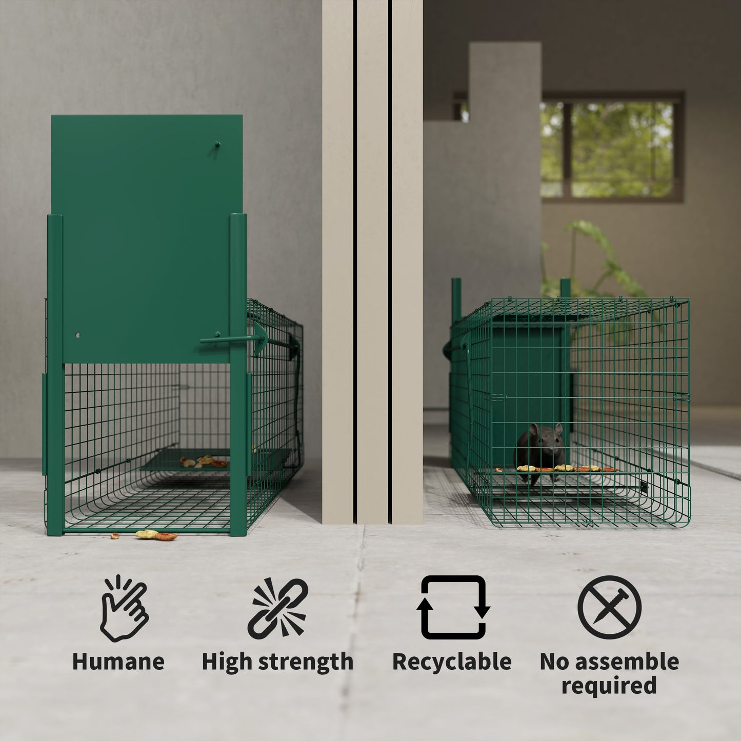 Outsunny Single Door Humane Rat Trap for Small Animals, Metal Outdoor and Indoor Squirrel Trap for Mice, Cats, Rabbits, 100 X 25 X 28cm, Dark Green