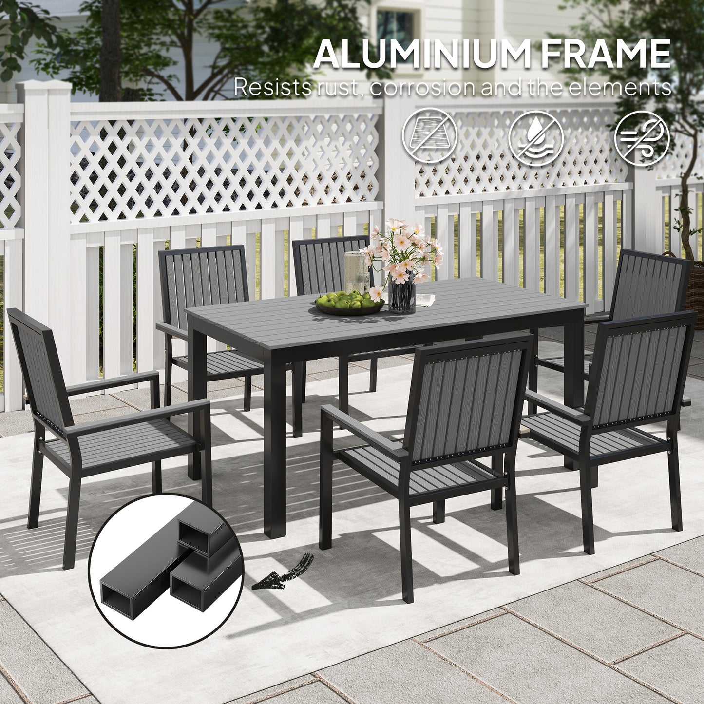 Outsunny 6 Seater Garden Dining Set, Stackable Chairs, Aluminum Frame, Rectangular Top, Outdoor Furniture for Patio/Poolside, Grey
