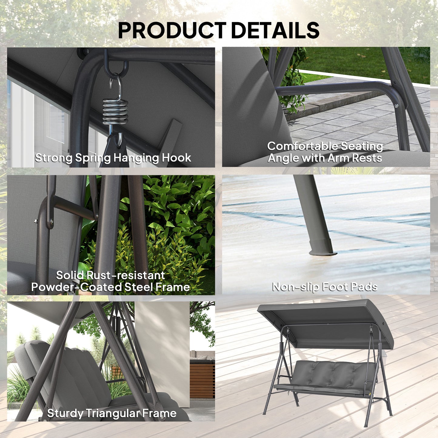 Outsunny 3 Seater Garden Swing Chair, Patio Rocking Bench with Tilting Canopy, Removable Cushion and Steel Frame, Dark Grey