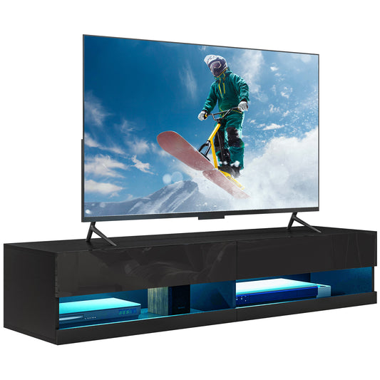 HOMCOM Floating TV Unit, Wall Mounted Cabinet with LED Lights, High Gloss Storage Shelves, Black