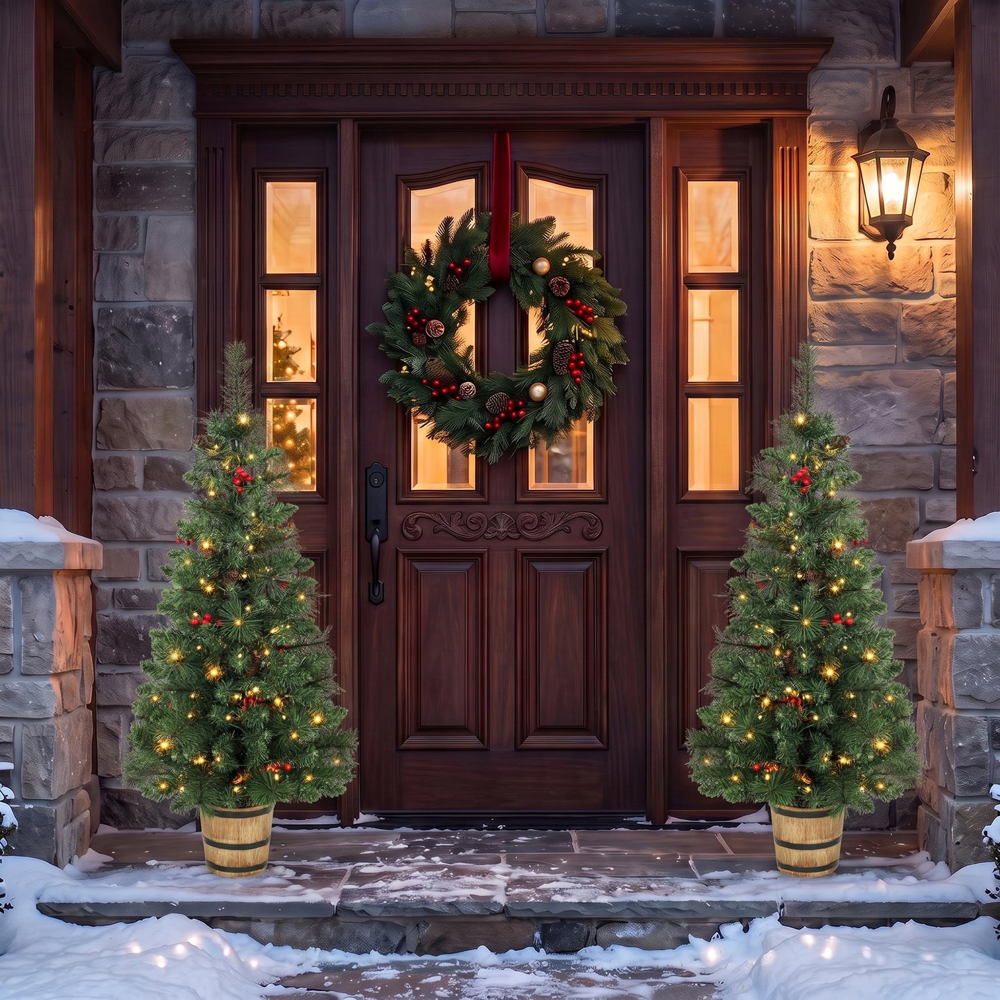 HOMCOM 2 PCs Prelit Christmas Trees with Dual-Colour LEDs, Berry, Pinecones, Battery-Operated, 11 Modes, Pot, Remote, 4ft