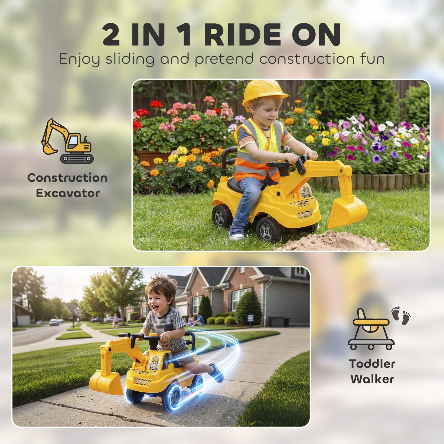 AIYAPLAY Ride On Tractor Digger, Toddler Excavator Toy Car with Adjustable Bucket, Horn, Under Seat Storage for Ages 1-3 Y Yellow
