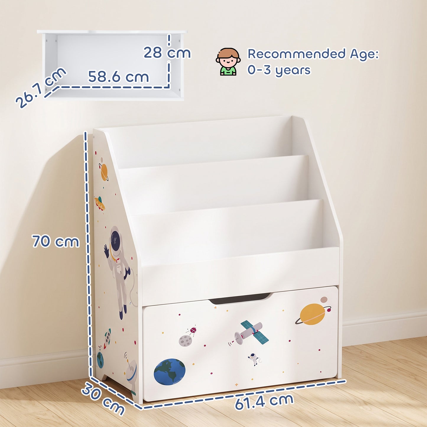 AIYAPLAY Kids Bookshelf, Montessori Inspired Childrens Bookcase with Moveable Drawer, 3-Tier Bookshelf for 3-8 Years, White
