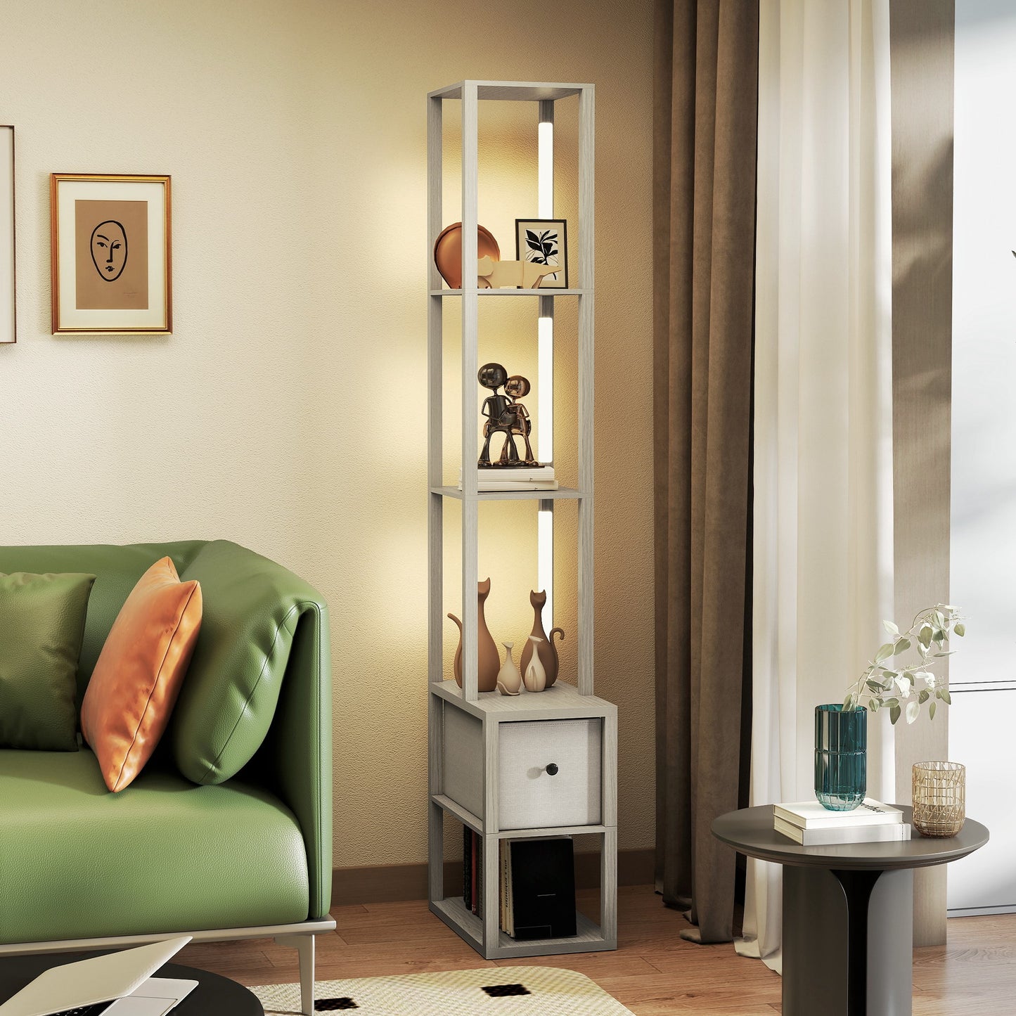 HOMCOM Floor Lamp with Shelves, LED Column Modern Standing Lamp, Adjustable Brightness, Foot Switch, Fabric Drawer, Oak