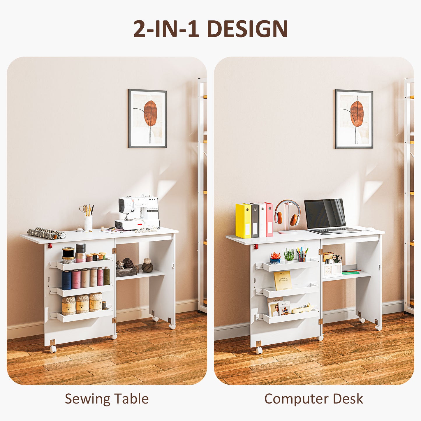 HOMCOM Folding Sewing Table, Drop Leaf Design, Storage Bins & Rolling Wheels, White