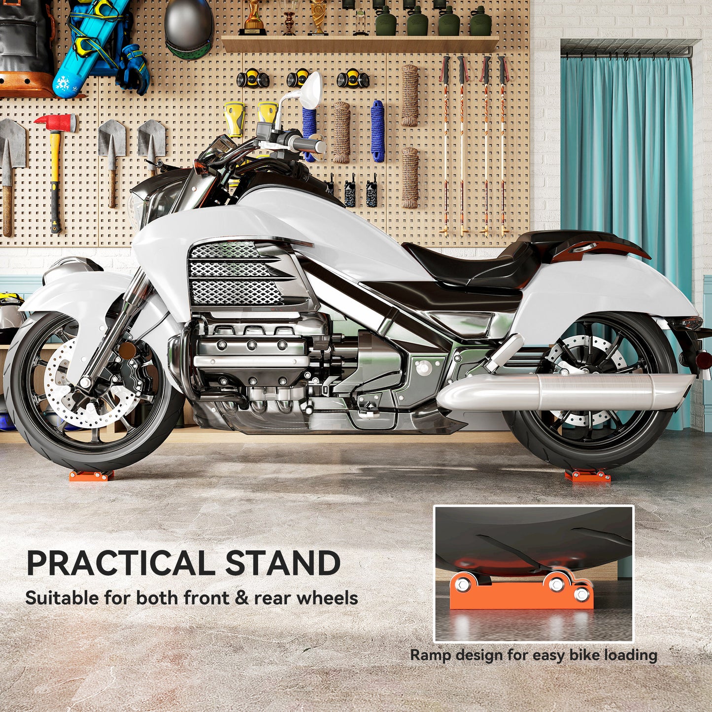 HOMCOM Motorcycle Wheel Cleaning Stand with Steel Frame, Aluminium Rollers, for Tyre Cleaning & Chain Lubrication, Fits < 180mm Tyres, Orange