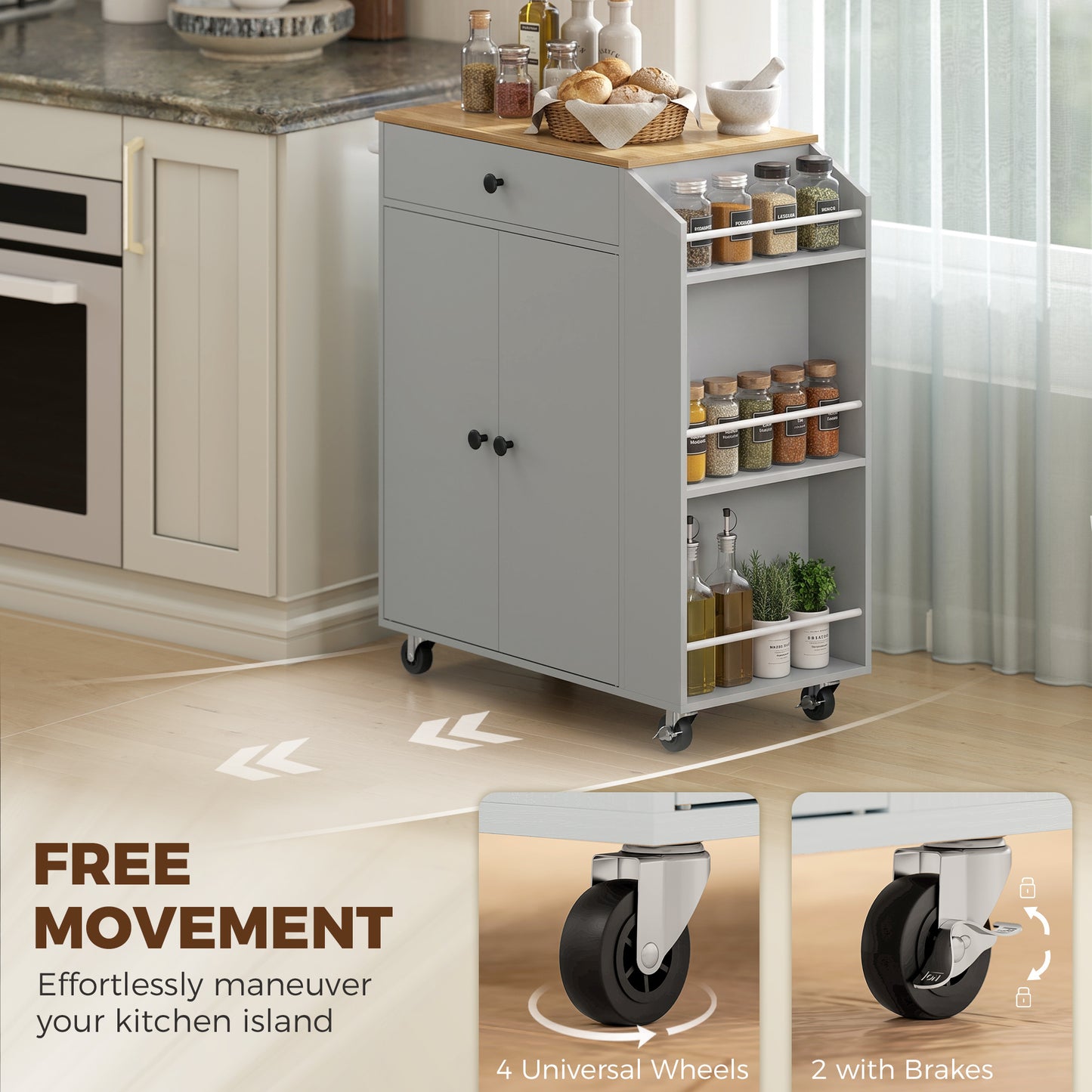 HOMCOM Rolling Kitchen Island with 3-Tier Spice Rack, Kitchen Storage Cart with Drawer and Towel Rack, Light Blue