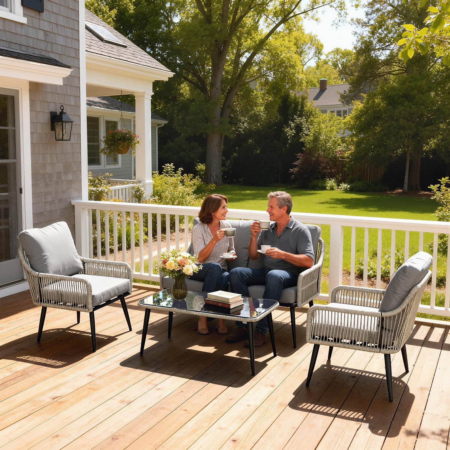 Outsunny Rattan Garden Furniture Set, 4 Piece Outdoor Patio Furniture Tempered Glass Table and Chairs, Indoor Balcony Conservatory Set
