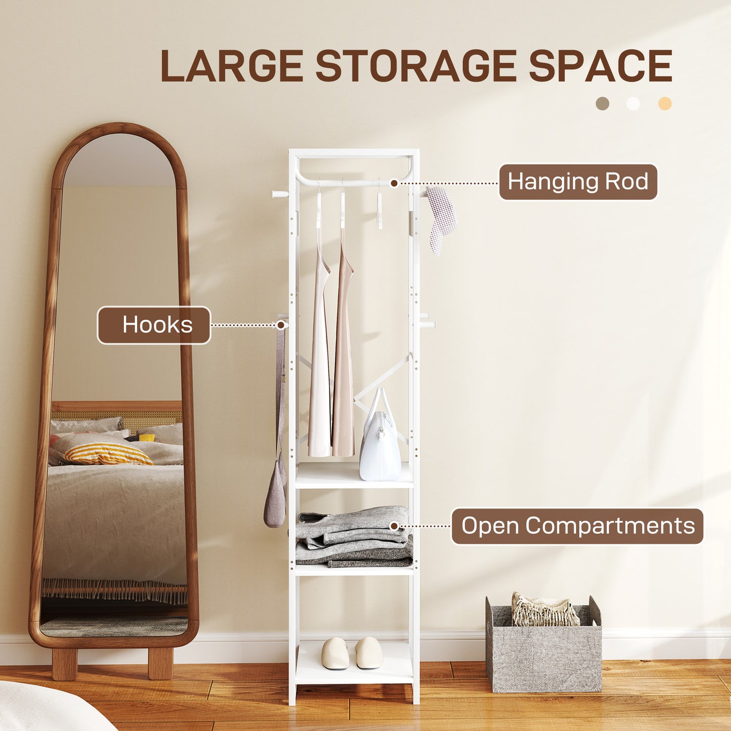 HOMCOM Clothes Rail with Storage Shelf and Hooks, Freestanding Clothes Rack for Entryway, Living Room, Bedroom, White Wood Grain