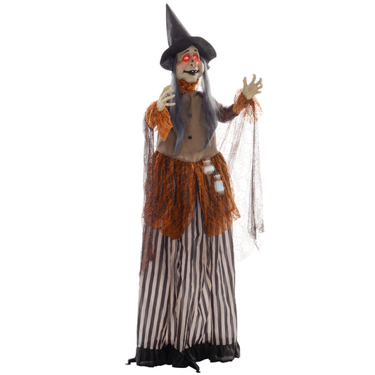 HOMCOM 183 cm Life Size Fat-Faced Witch Halloween Animatronic with Light Up Eyes and Sound Effects, Outdoor Decoration, Animated Prop - Black