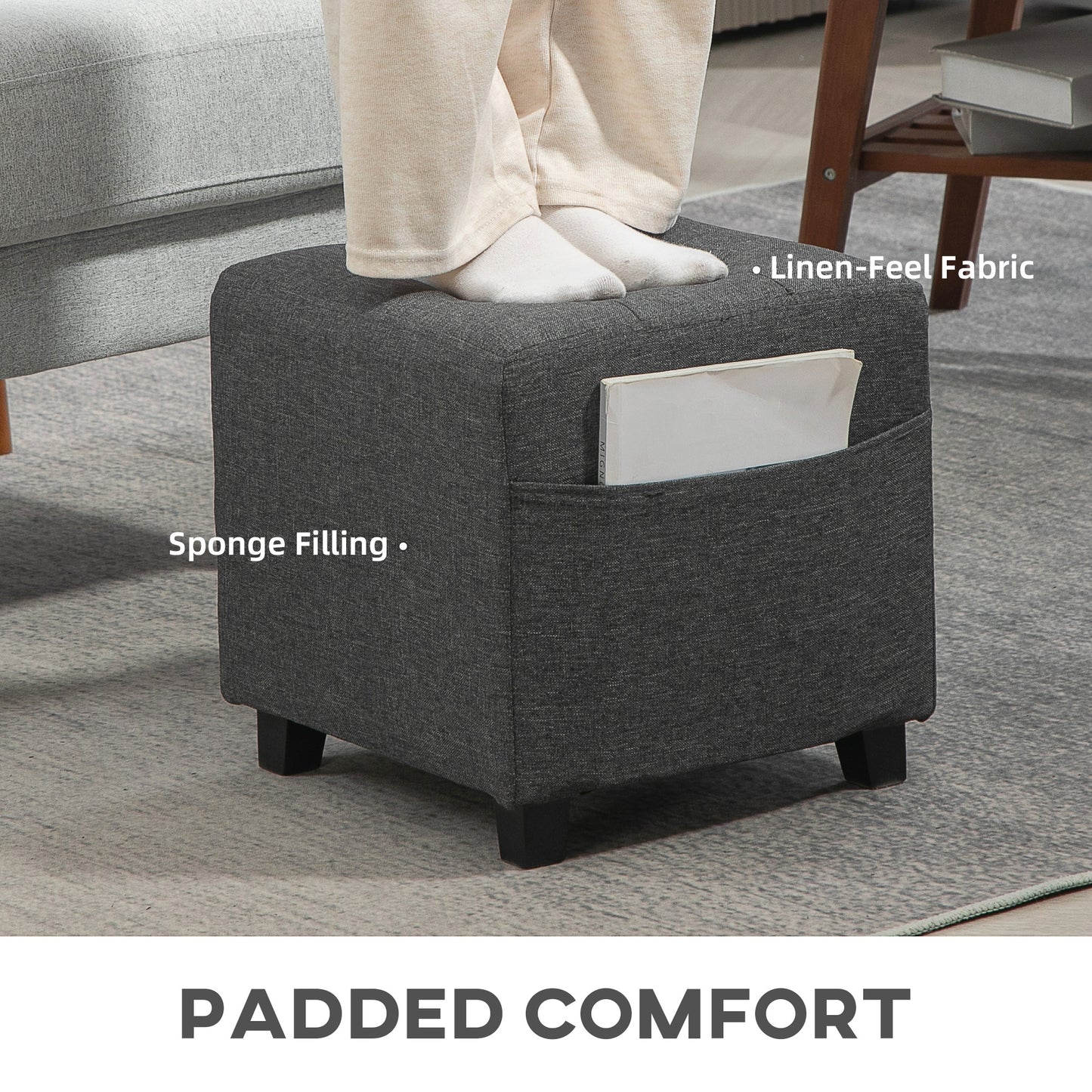 HOMCOM Footstool Ottoman, Linen Fabric with Side Pocket, Rubber Wood Legs, 35x35cm, Grey