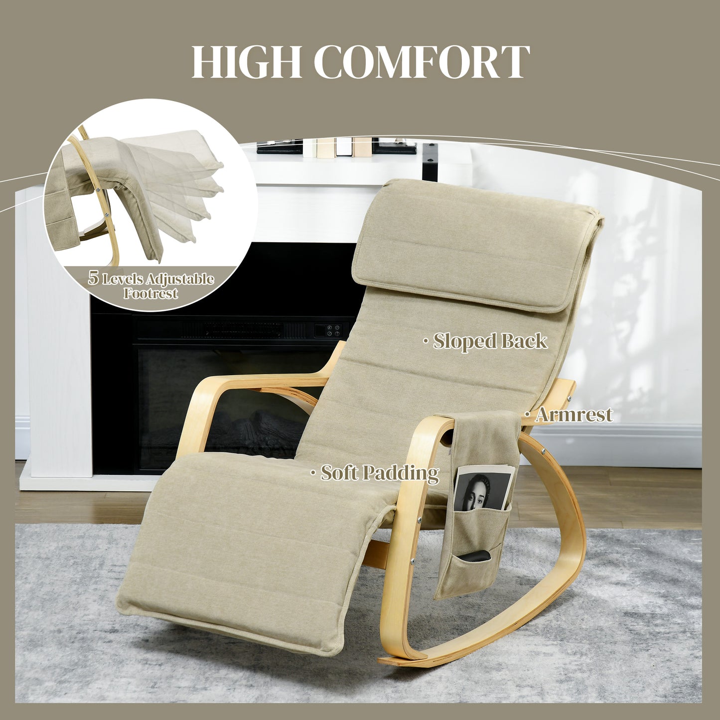 HOMCOM Rocking Lounge Chair Recliner Relaxation Lounging Relaxing Seat with Adjustable Footrest, Side Pocket and Pillow, Beige