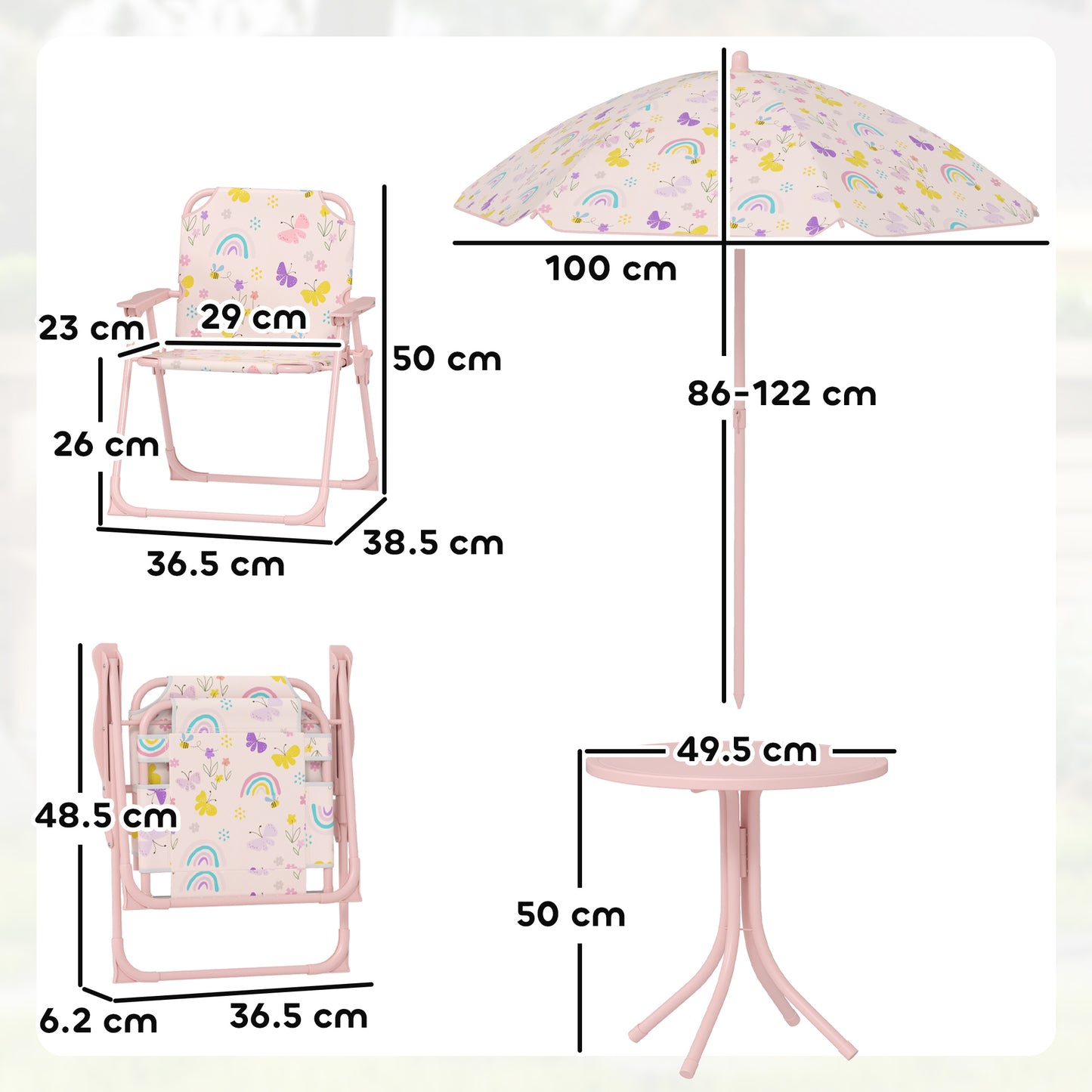 AIYAPLAY 4 Pieces Kids Garden Table and Chair Set with Adjustable Parasol, Folding Chairs, Table, Rainbow Pattern, Pink