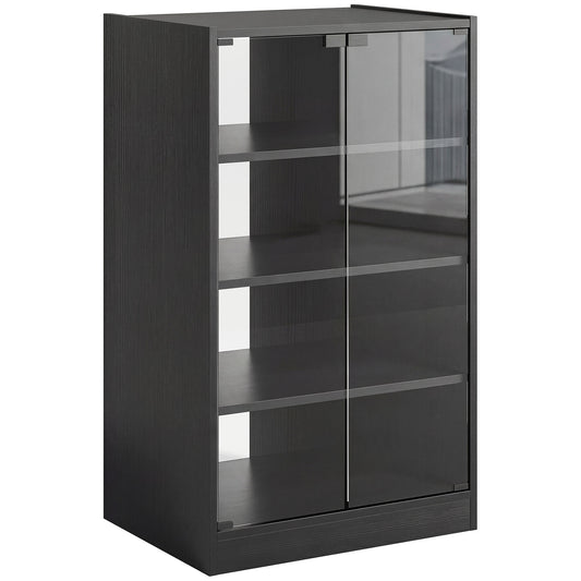 HOMCOM 4-Tier Hi-Fi Stand,  Record Player Stand with Adjustable Shelves and Push-to-Open Glass Doors, Black Wood-Effect