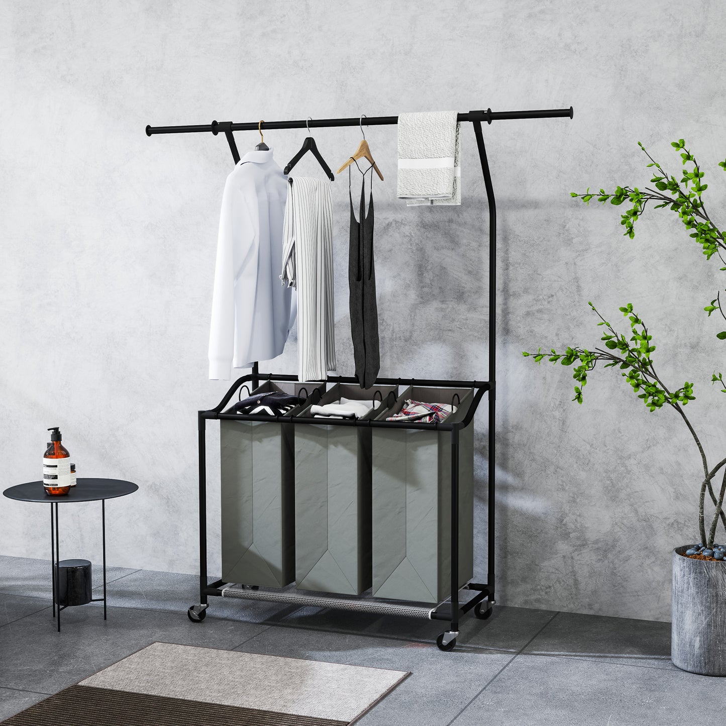 HOMCOM Laundry Sorter, Rolling Basket with Hanging Rail & 3-Bag Organizer for Bedroom/Bathroom, 88-149.5L x 40W x 167H cm, Dark Grey
