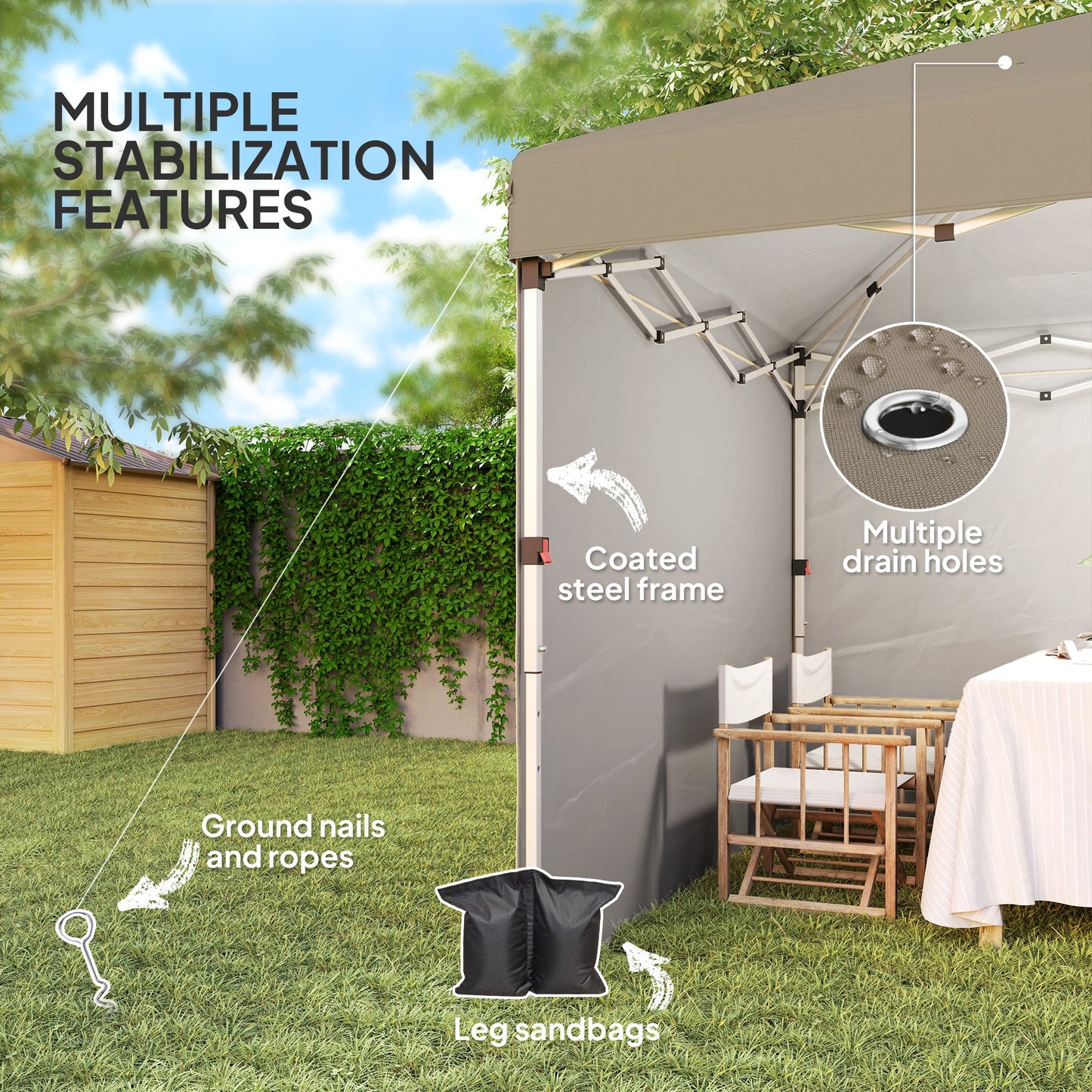 Outsunny 3x3m Pop Up Gazebo, UPF 30+, 2 Sidewalls, Leg Weight Bags & Wheeled Bag, Adjustable, Khaki