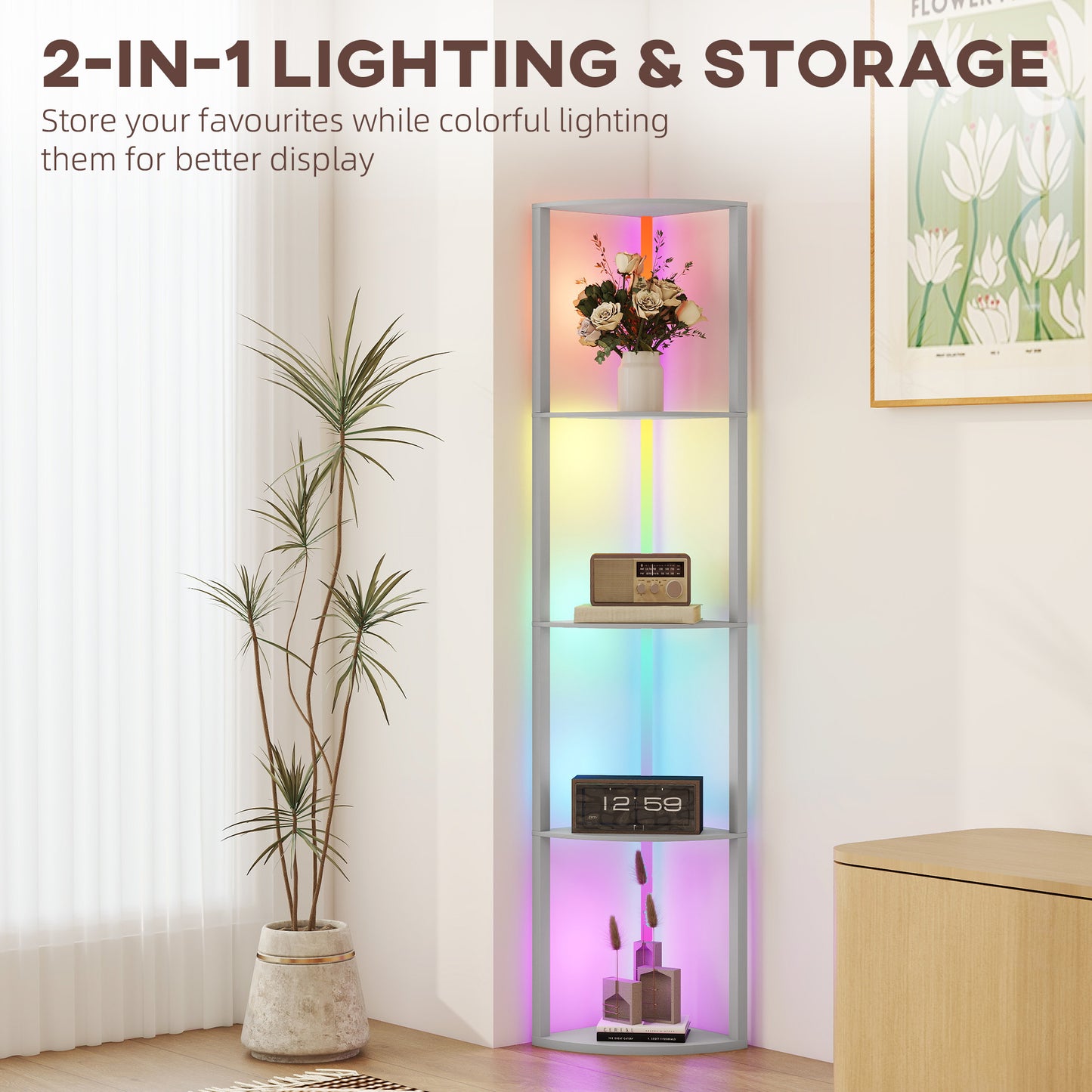 HOMCOM RGB LED Floor Lamp with Shelves, 5-Tier Dimmable with Adjustable Brightness, Remote Control, Corner Display Unit, Grey