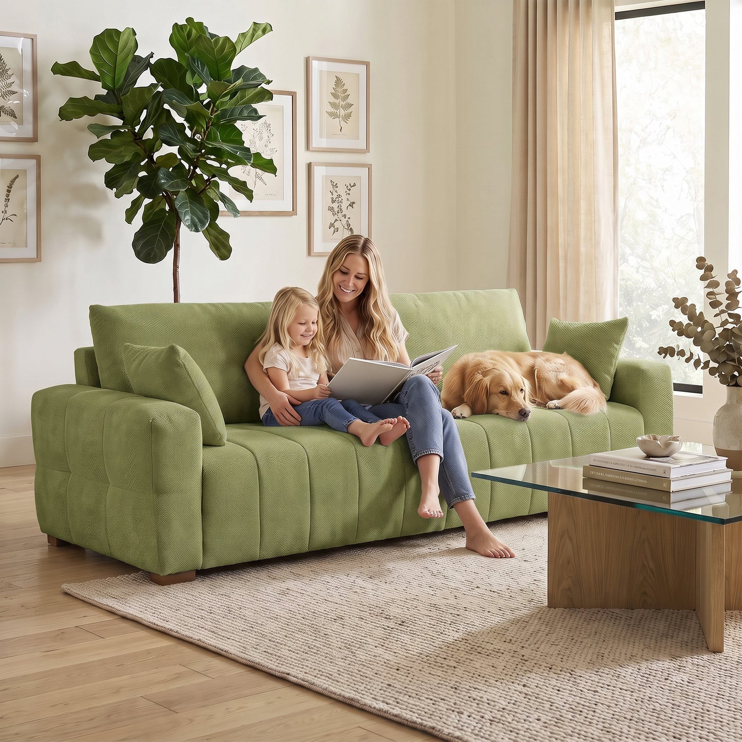 HOMCOM 3 Seater Sofa, Upholstered Velvet Couch for Bedroom with Pillows, Padded Cushion and Wood Legs, Green