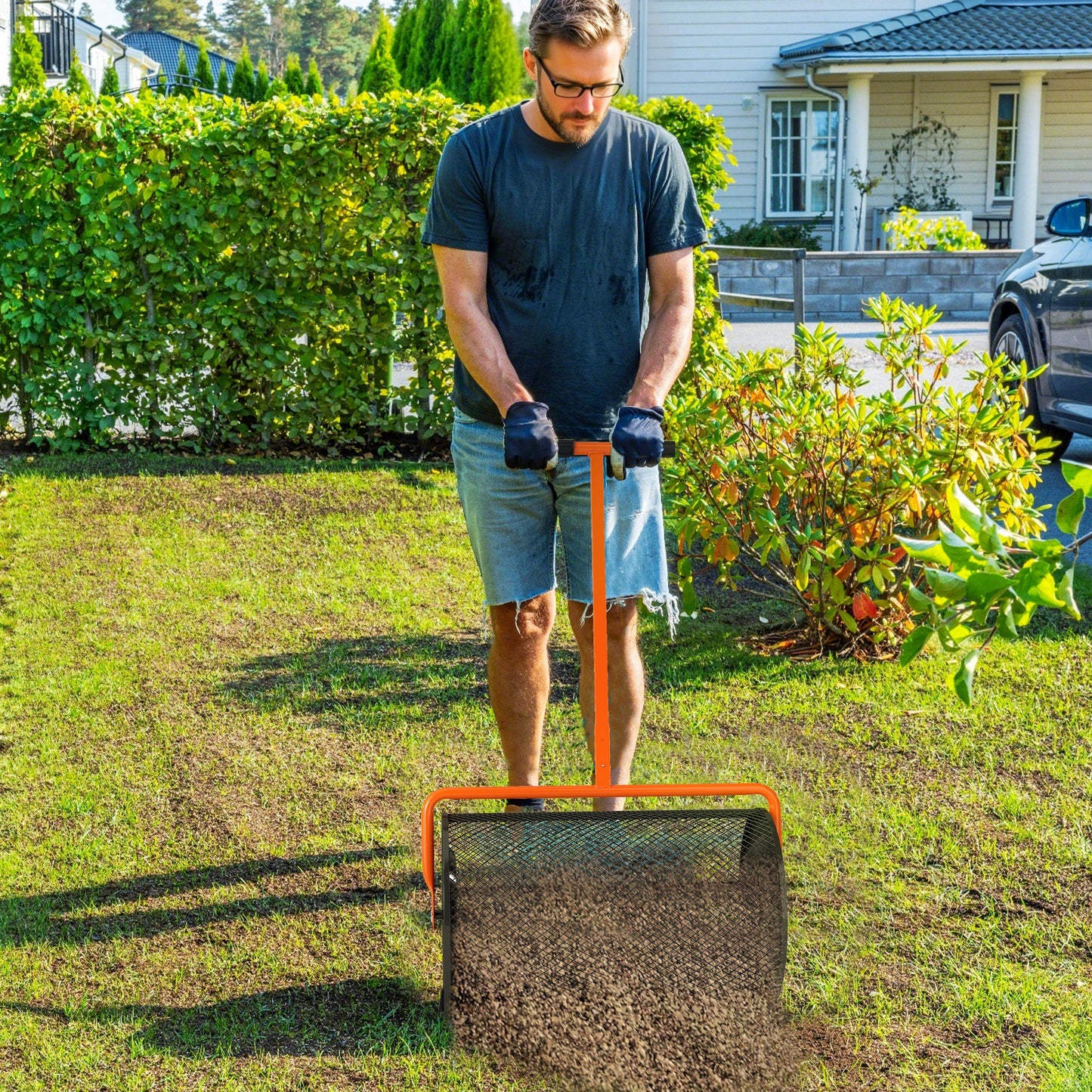 Outsunny Compost Spreader, 24" Peat Moss Spreader with Adjustable T-Handle and Metal Mesh Basket, Garden Spreader for Seeding, Orange