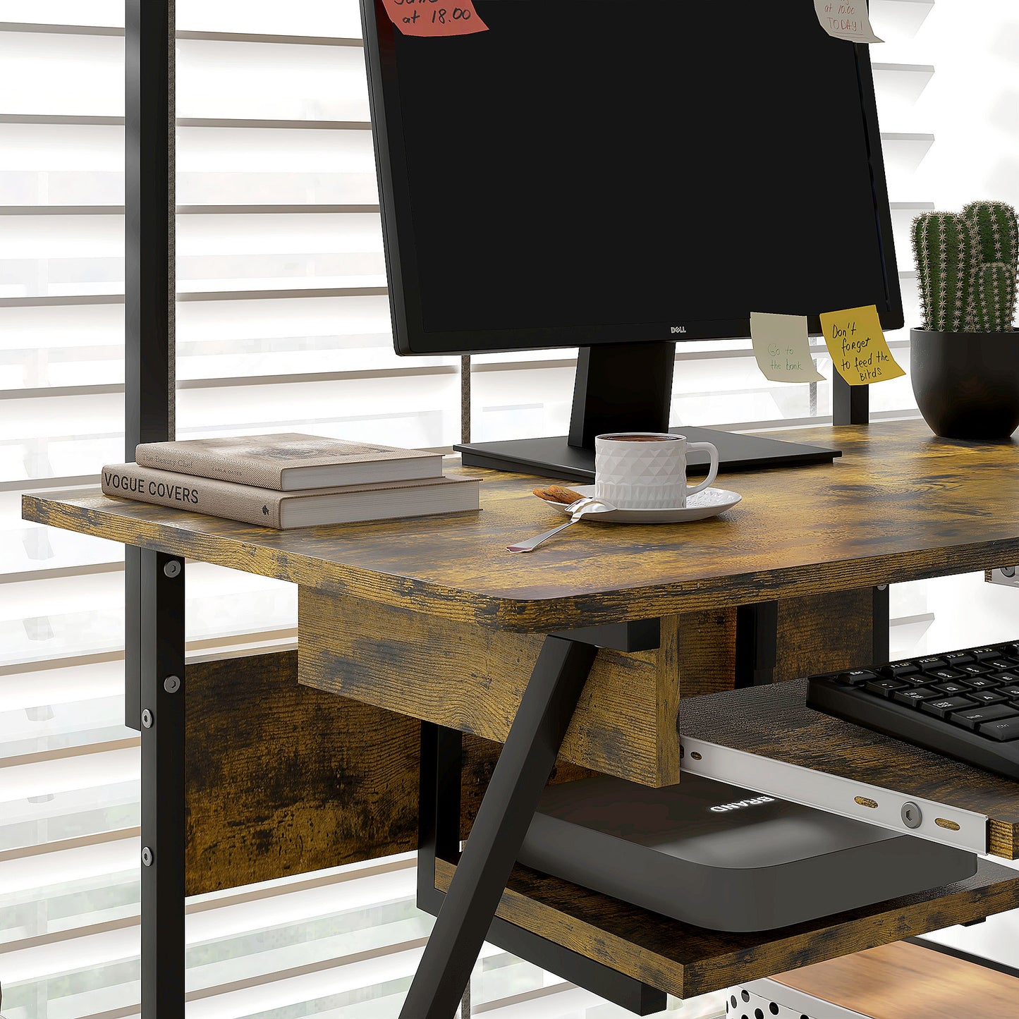HOMCOM Rolling Computer Desk with Keyboard Tray - Rustic Brown