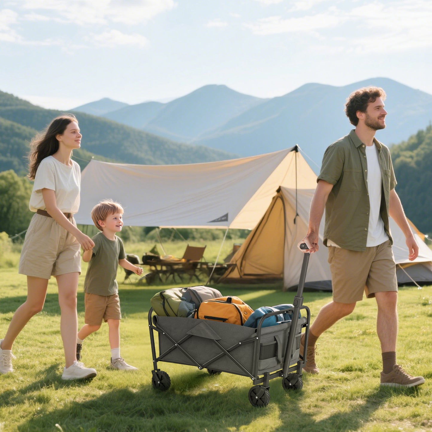 Outsunny Festival Trolley, 62L Heavy Duty Folding Wagon, 120kg Capacity with Adjustable Handle and Carry Bag for Beach/Camping, Grey