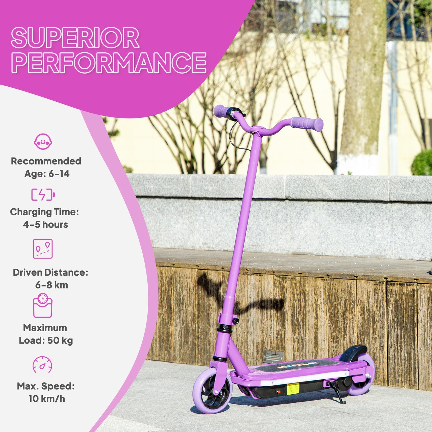 AIYAPLAY Electric Scooter for Kids Ages 6-14, with Colourful Light and Electric Brake, Kids Electric Scooter E Scooter, Up to 10 KM/H & 8 KM, Purple