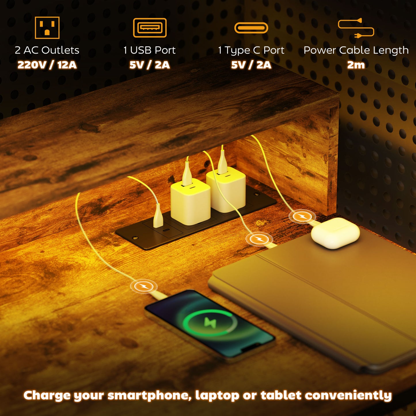 HOMCOM Gaming Desk with LED Lights, Monitor Stand, Power Outlets, Rustic Brown