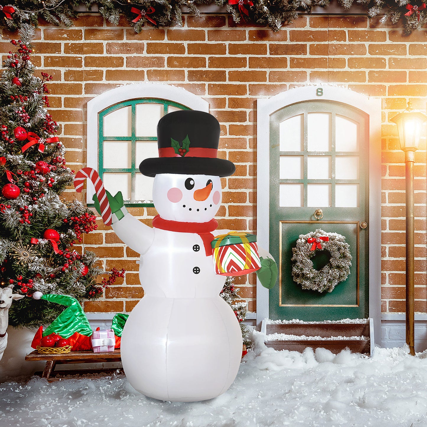 Outsunny 6FT Christmas Inflatable Snowman with Candy Cane and Gift Box, Christmas Blow Up Snowman with Built-in LED Light for Indoor, Outdoor, Party