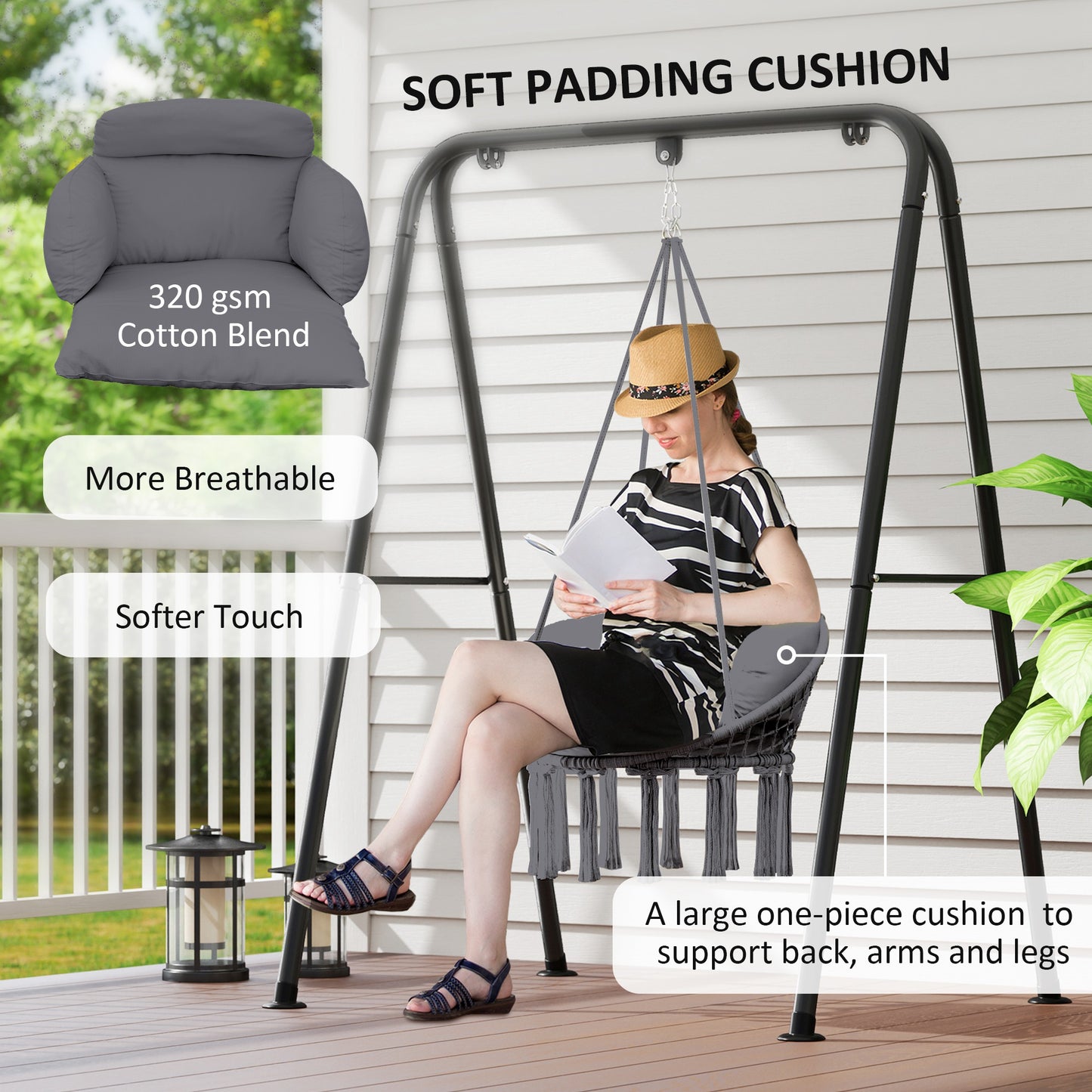 Outsunny Hanging Chair Boho Style with Cushion, Cotton Rope Swing Seat for Indoor/Outdoor, Dark Grey