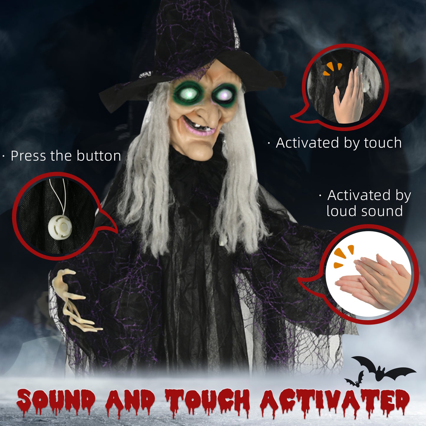 HOMCOM 6ft Outdoor Halloween Witch Prop, Life-Size with Sound & Motion Activation, Light-Up Eyes, Talking Sound, Posable Arms, Black