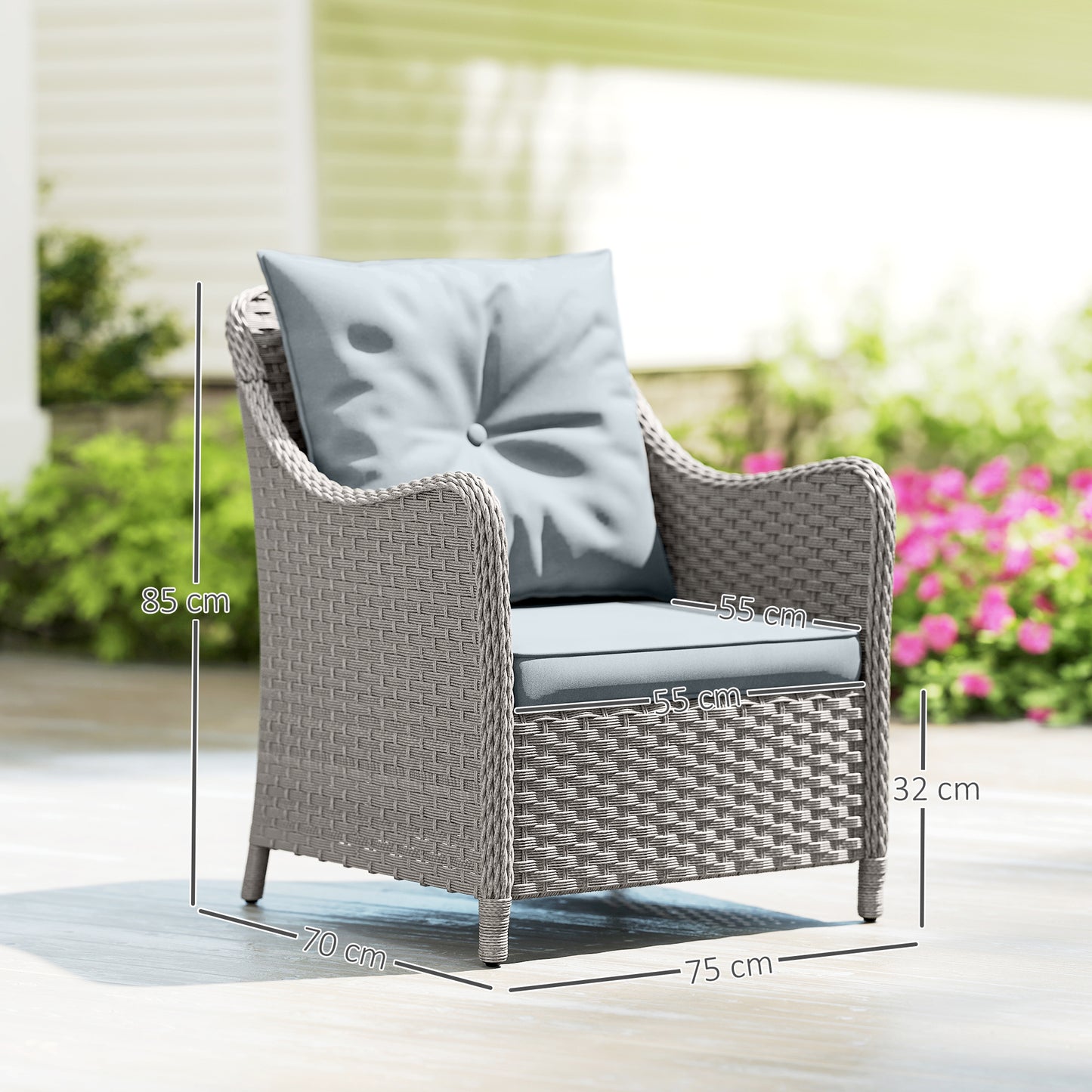 Outsunny Rattan Garden Chairs Set of 2, Outdoor Chairs with Cushions, Armrests, High Back, Steel Frame for Balcony, Porch, Light Grey