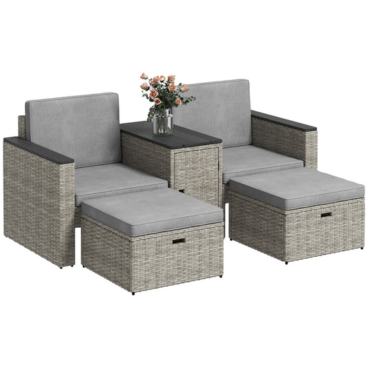 Outsunny 5 Piece Rattan Garden Furniture Set, Nesting Sofa with Footstools, WPC Storage Coffee Table & Cushions, Grey