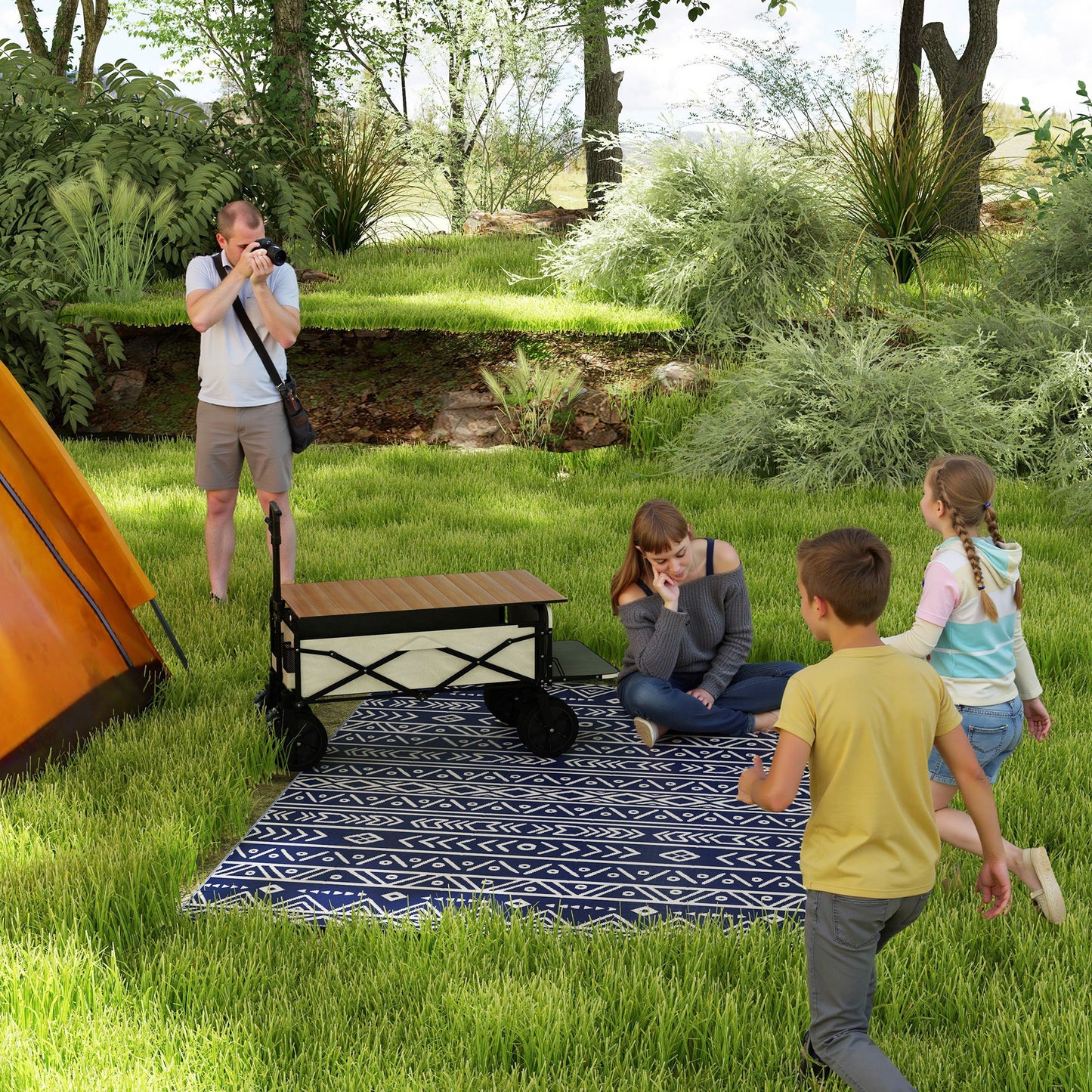 Outsunny Reversible Outdoor RV Rug, 1.8 x 2.7m Waterproof Patio Mat, Geometric Design for Garden, Beach, Camping, Blue/White