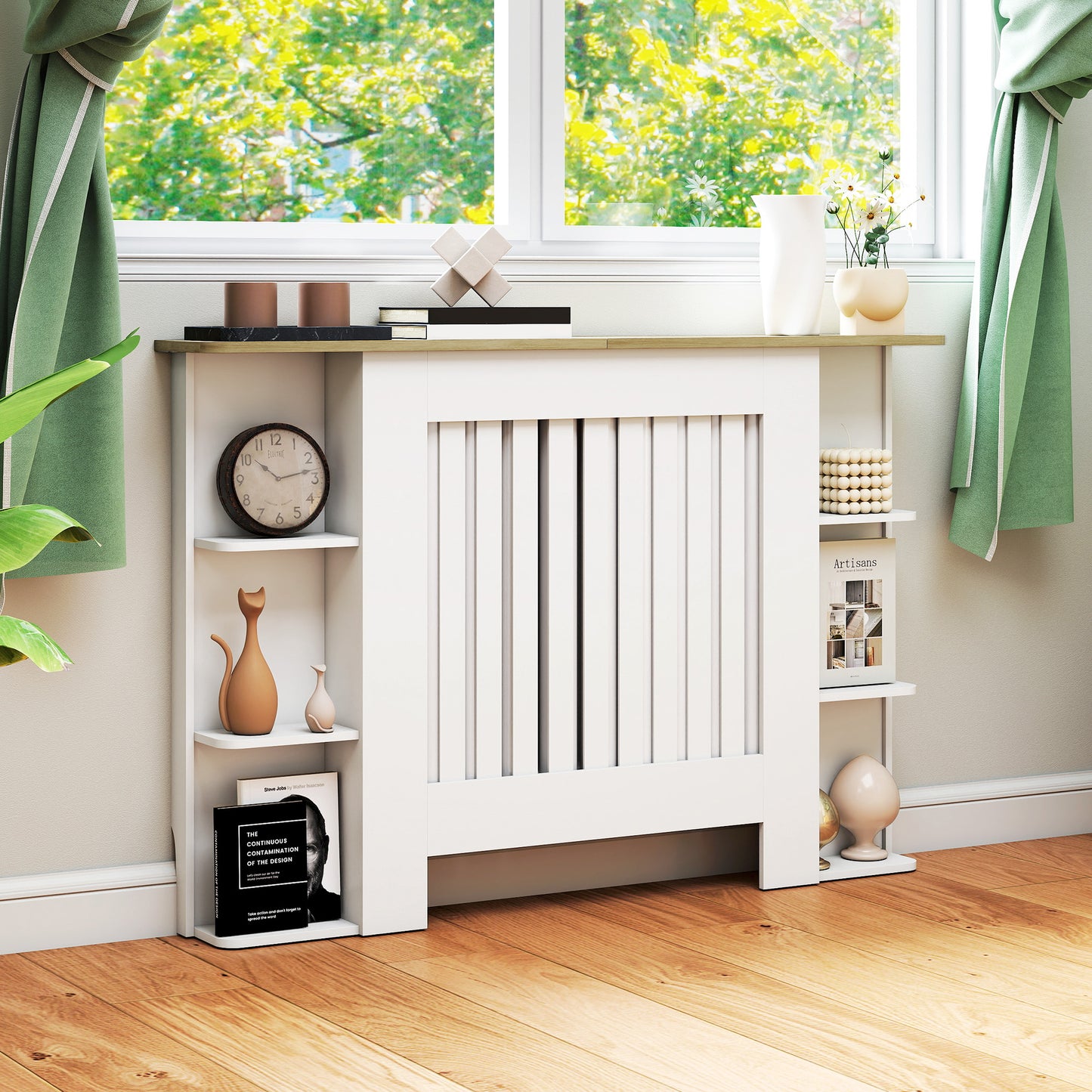 HOMCOM Radiator Cover with Open Storage Shelves, Vertical Slatted Cabinet Shelf for Living Room, Hallway, Medium, White (H: 83/W: 124/D: 19 cm)
