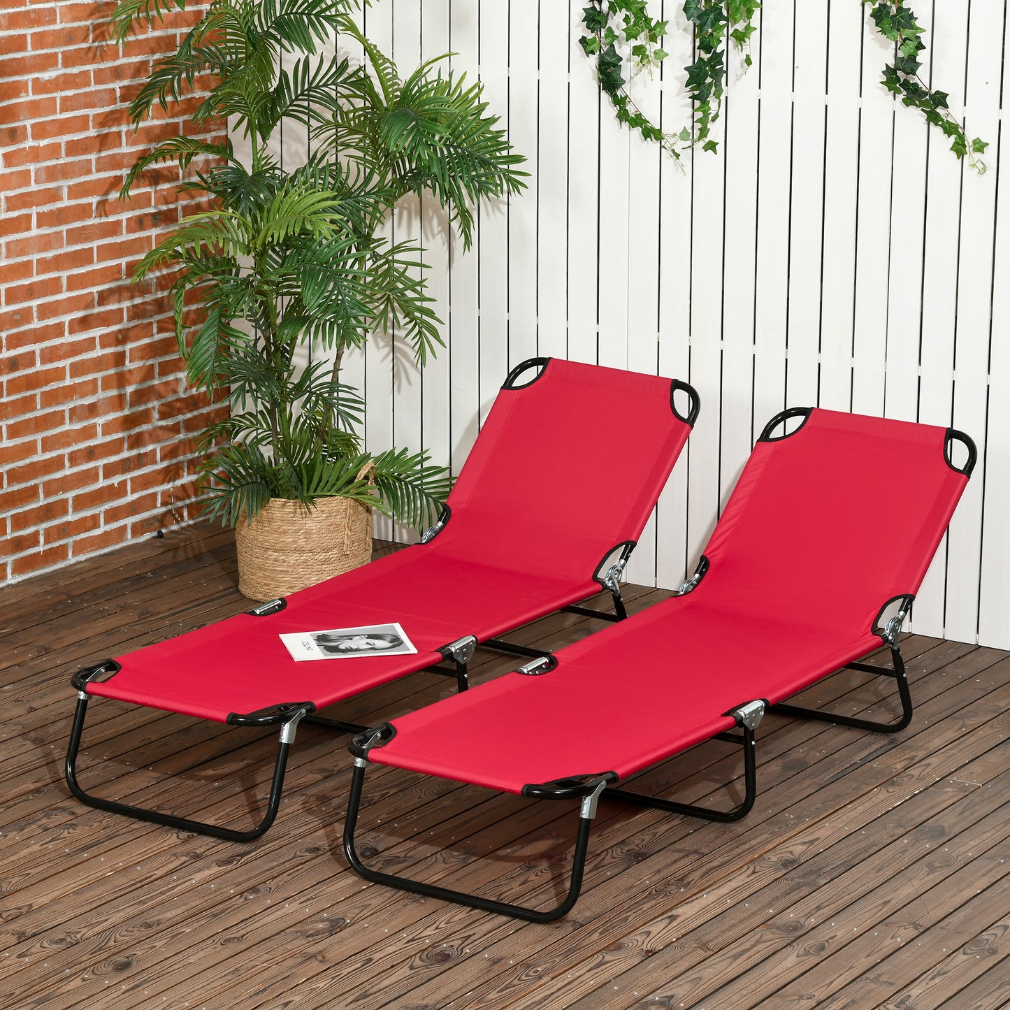 Outsunny Sun Loungers Set of 2, Adjustable Backrest Recliner Chairs for Beach, Patio, Wine Red