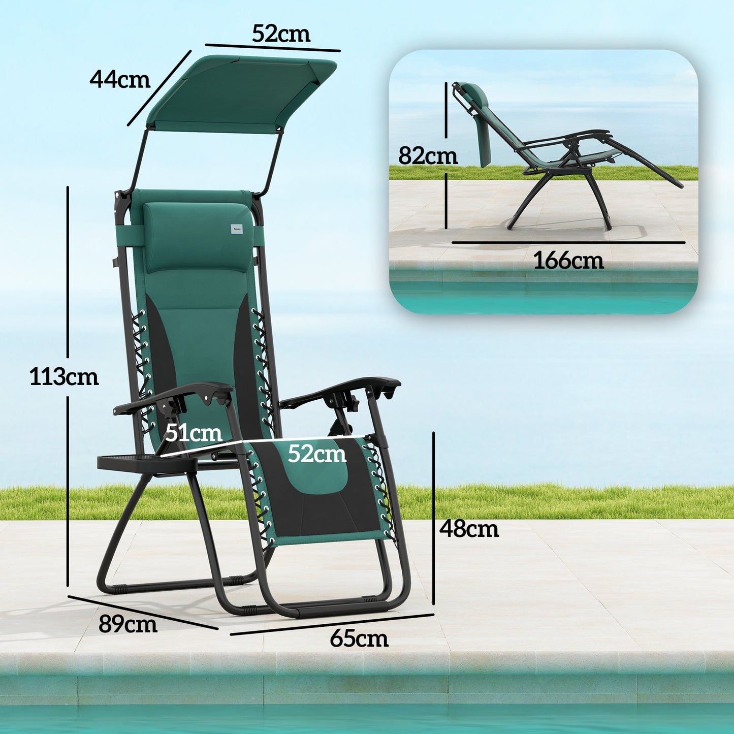 Outsunny Set of 2 Zero Gravity Lounger Chairs: Folding Recliners with Shade, Cup Holder & Cushion, Green