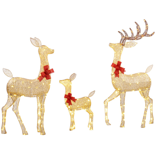 Outsunny Lighted Reindeer Christmas Decorations Outdoor, 3-Piece Light Up Deer Family Set of 3 with 283 LED Lights for Indoor, Lawn, Garden, Gold Tone