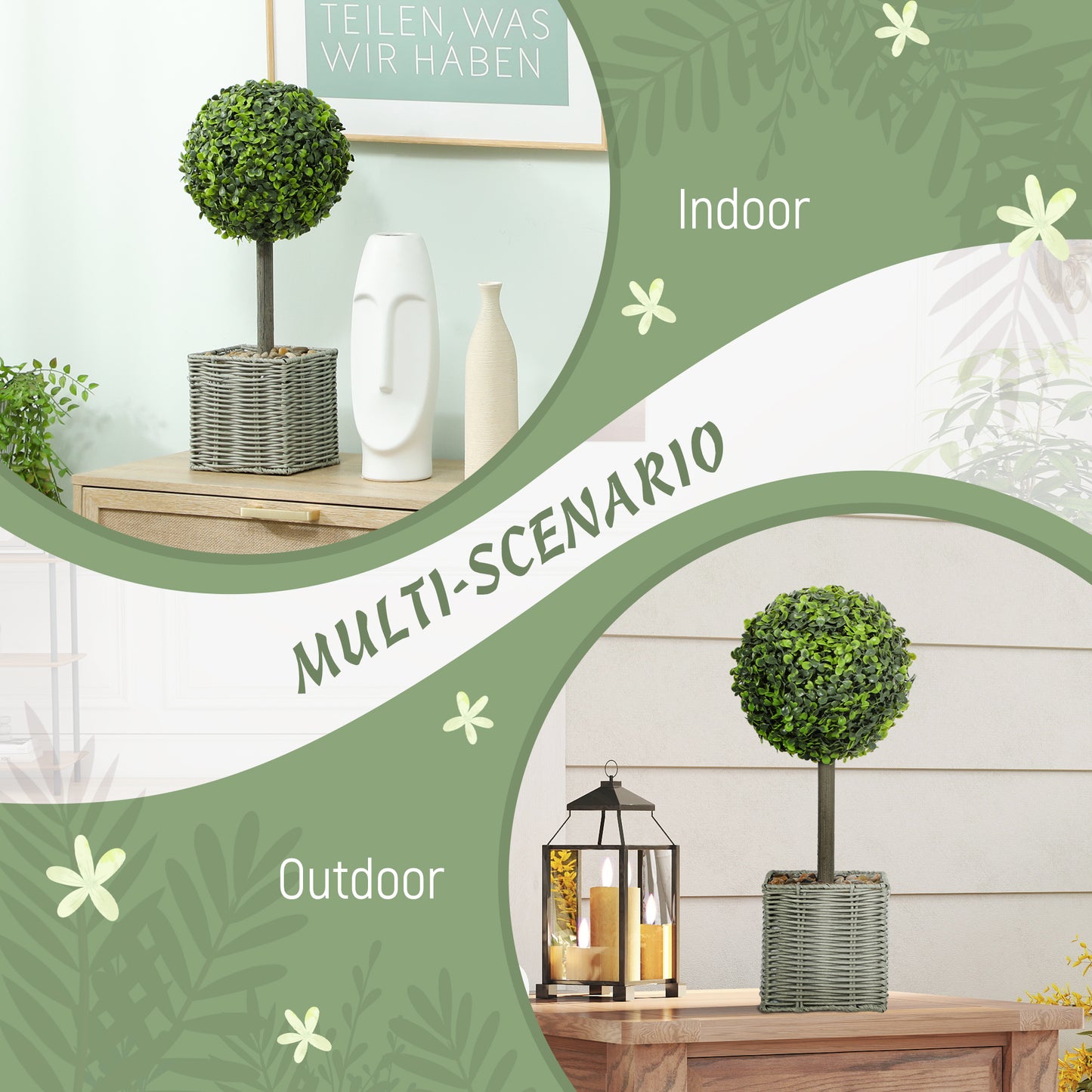 HOMCOM Set of 2 Artificial Plants, 50cm Faux Boxwood Topiary Balls in Woven Plastic Pots with Pebbles, Fake Decor for Home/Office, Green