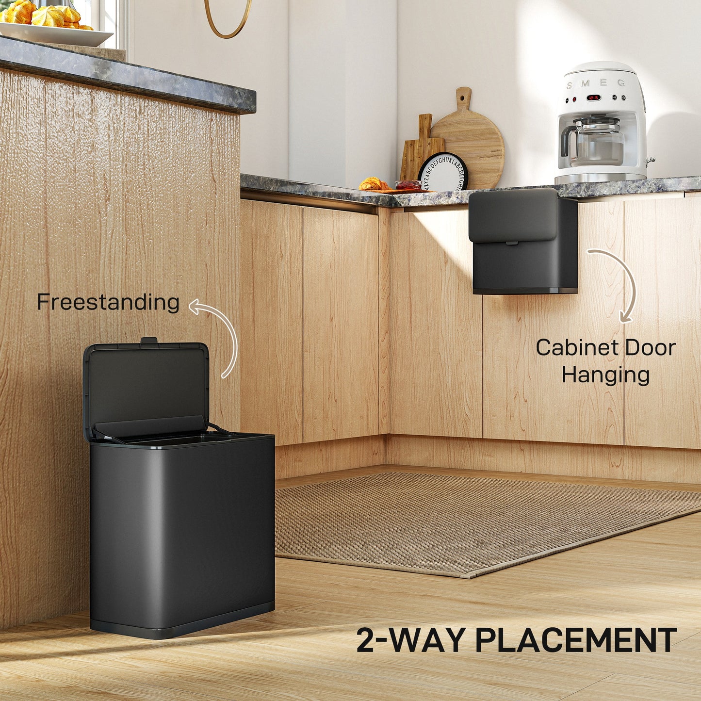 HOMCOM 8L Hanging Kitchen Bin, Rubbish bin with Lid and Removable Inner Bucket for Kitchen Cabinet Door, Under Sink, Black