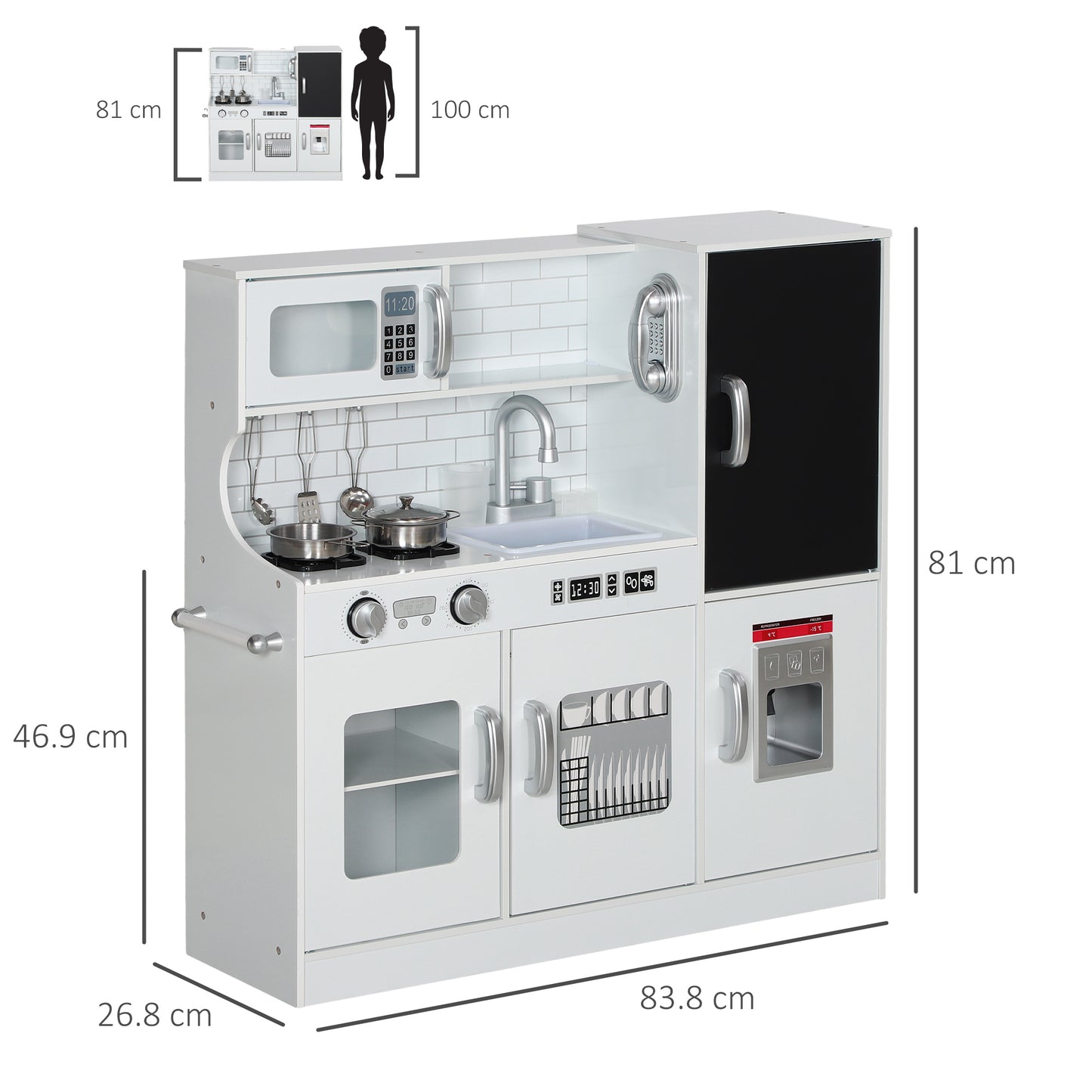 AIYAPLAY Pretend Play Kitchen, Kids Kitchen Playset, with Toy Phone, Chalkboard, Microwave, Cooking Stove, Sink, White