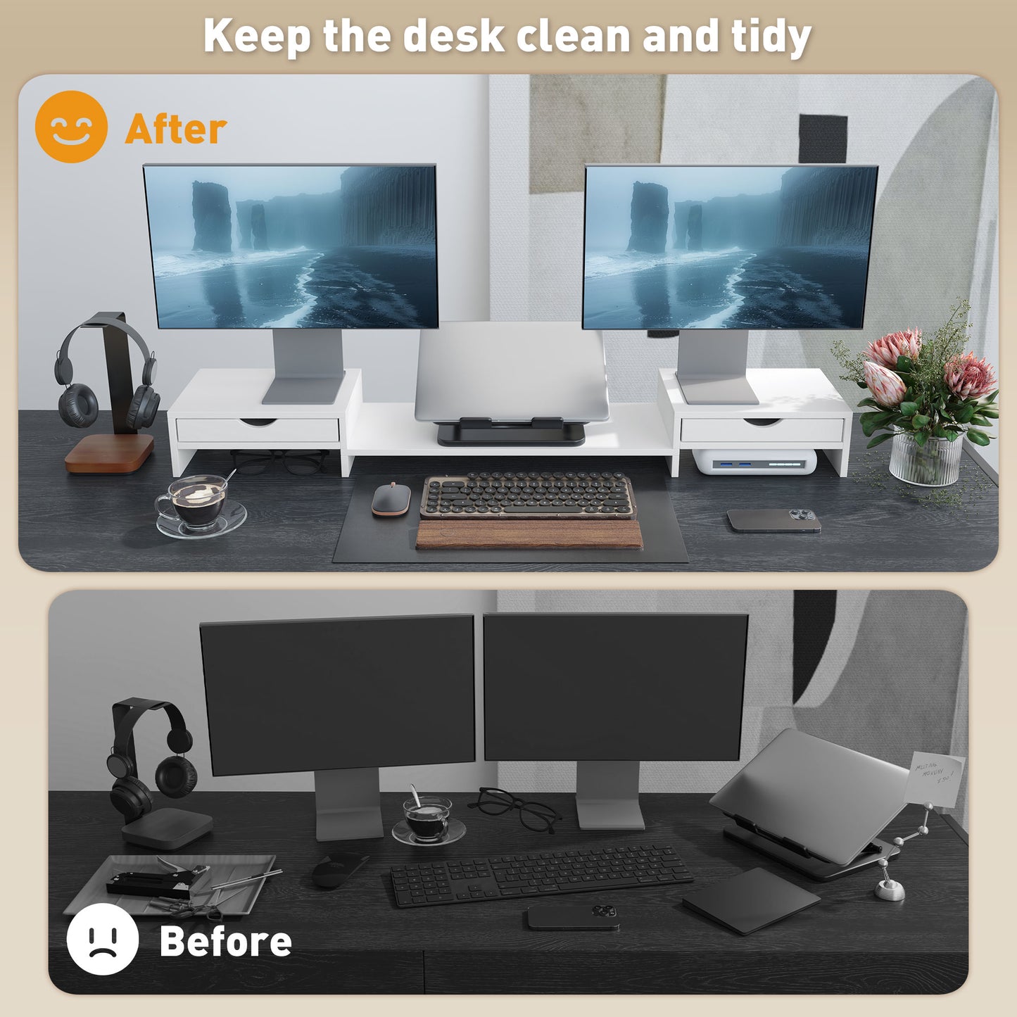 HOMCOM Dual Monitor Stand Riser with 2 Drawers, White